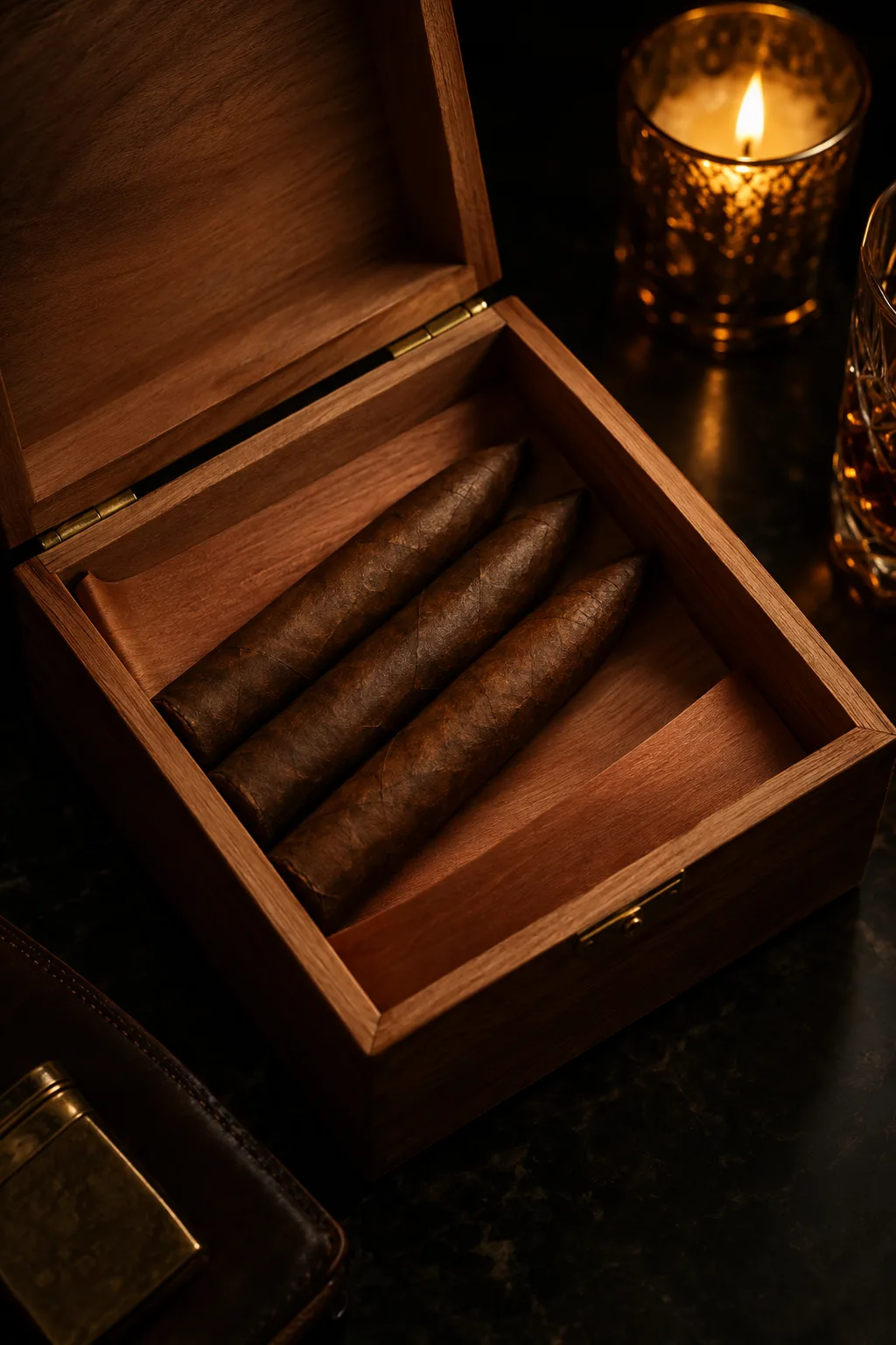 An open cedar box holding three torpedo cigars by candlelight